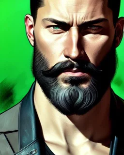 "MIddle aged white human male, with a trimmed but uneven beard, piercing green eyes with slick back hair, full-scale head and shoulders portrait, 8k resolution concept art portrait by Greg Rutkowski, Artgerm, WLOP, Alphonse Mucha dynamic lighting hyperdetailed intricately detailed Splash art trending on Artstation triadic colors Unreal Engine 5 volumetric lighting Splash art fantasy"