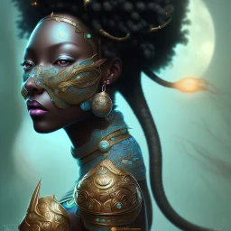 sango fantasy, fantasy magic, intricate, sharp focus, illustration, highly detailed, digital painting, concept art, matte, masterpiece head sexy view black African beauty black afro hair space lady turquoise carp skin African space landslide