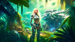 Wide-angle, full body of a woman, with straight blond hair, dressed like a robot, with equipment in her hands, next to a crashed spaceship, on an alien jungle world in the multiverse