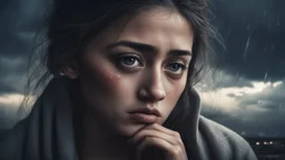 Hyper Realistic Sad young-Pushto-women-showing-tears-in-her-eyes with cloudy sky & dramatic ambiance at night