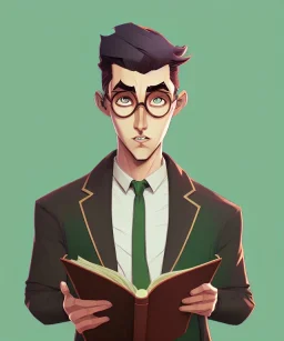 Fit man in round glasses with bookshelf in background,no beard, reading book, slim, tie, monotone, green eyes, comic book style, two tone colours, detailed, ink, realistic, handsome, square jaw, big brows