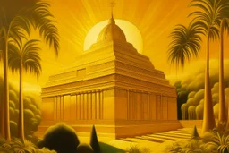 A golden yellow shining temple with a sun symbol designed in ancient Egyptian hieroglyphics painted by Henri Rousseau