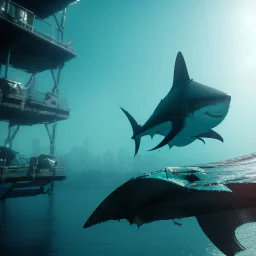 shark cyberpunk deep water unreal 5, octane render, cinema4d, redshift render, hyper realistic, cenematic, vibrancy, synthwave, retouch, centered, dynamic lighting, dramatic lighting, 4k, highly detailed, attractive beautiful, realistic, virtual reality, epic composition, holographic,