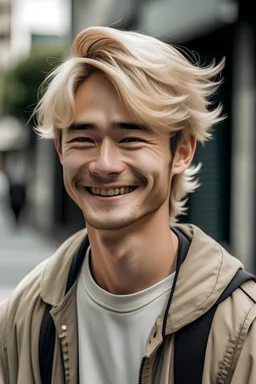 handsome korean young man, smile, easy, blond messy hair, delivery guy, sidewalk