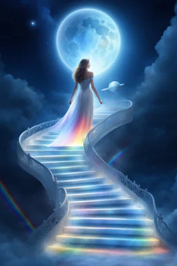 fantastic,Beautiful woman, stairway to heaven whit rainbow, ufos futuriste tres beau