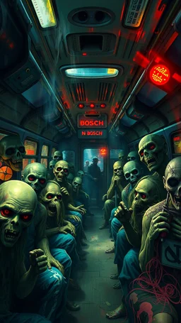 Bosch painting style nightmare , 3D ,inside a bus full of mad zombies , background, high Quality picture , 8k