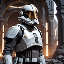 star wars bald male corellian pilot wearing pearlescent black and gunmetal grey First Order special forces heavy assault stealth commando armor and helmet with gold trim inside the jedi temple, hyperdetailed, dynamic lighting, hyperdetailed background, 8k resolution, volumetric lighting, light skin, fully symmetric details