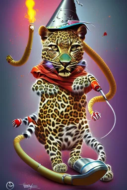 leopard witch with broken leg in hospital, french cartoon, spray paint