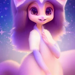 Cute beautiful princess fox kawai girl in the moonlight; beautiful eyes with beautiful eyelashes, glowing aura, shimmering light, magical world, extremely detailed long curly fur, high quality picture, beautiful full volumetric lighting, cinematic shimmering illumination, brilliant coloring, smooth, sharp focus, crispy quality, vray; Pixar, Disney, Artstation; HD, HDR, SF, CGSociety, 16k, photorealistic, unreal engine