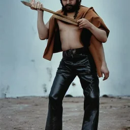 a 30 year old man wearing leather pants, a dirty mexico-themed poncho, bowl-cut haircut, light facial hair, full body shot, holding 2 daggers while scowling