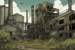 factory , overgrown apocalyptic background, comic book,