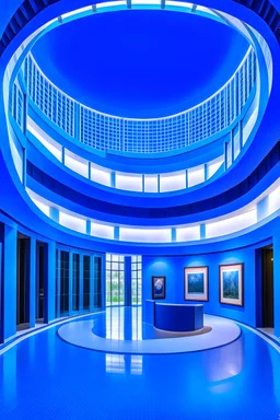 A spiral-shaped gallery with blue walls