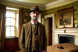 ww1 sick archeologist with suit talking close-up standing up looking to the camera, inside mansion room background