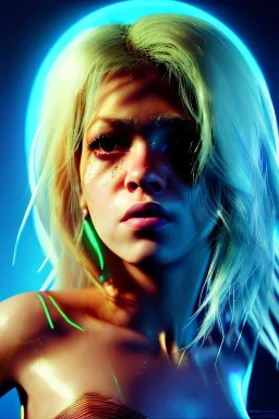 portrait, Shakira, blonde artist, angry, Realistic image, latex style dress. Skewers, loose long hair, eyes make up, perfect, glow, circle iris. Neon colors, leds, geometric shapes. Dark background, photo studio, neon lights. Cyberpunk, concept art, smooth, unreal engine 5, god lights, ray tracing, RTX, lumen lighting, ultra detail, volumetric lighting, 3d, finely drawn, high definition, 4k.