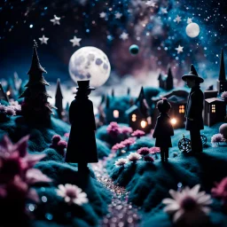 Detailed people, street made of modeling clay and felt, village, stars, galaxy and fog, planets, moon, volumetric light flowers, naïve, strong texture, extreme detail, Yves Tanguy, decal, rich moody colors, sparkles, Harry Potter, bokeh, odd, shot on Ilford