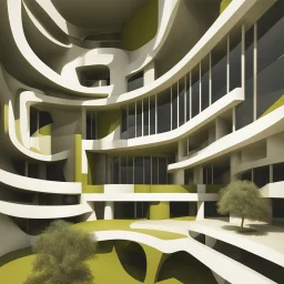 An olive-core-inspired building, presented in a contemporary abstract style.