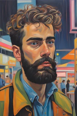 Alice Neel oil painting a dreaming young beard punk guy looks shops in the pop '80s in Mall neon lights during rainy day