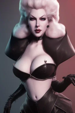 Lana Turner as evil queen in black leather, leather, busty, cleavage, angry, stern look. character design by cory loftis, fenghua zhong, ryohei hase, ismail inceoglu and ruan jia. unreal engine 5, artistic lighting, highly detailed, photorealistic, fantasy