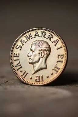 view of the word, SamarrraiAI , on a coin ,with picture of , man head in the middle of the coin