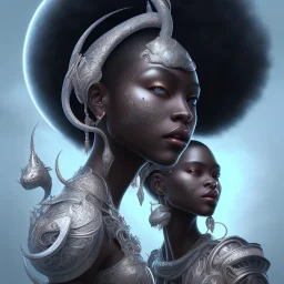 sango fantasy, fantasy magic, intricate, sharp focus, illustration, highly detailed, digital painting, concept art, matte, masterpiece head sexy view black African beauty black afro hair space lady silver snakeskin African princess moon light