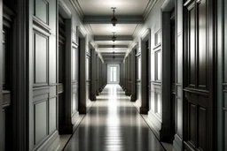 wide corridor full of closed doors with a single open doorway