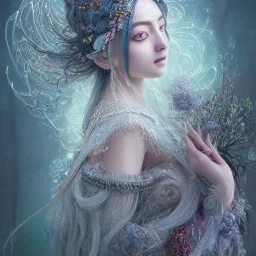 Insanely detailed photograph of an “portrait of gorgeous winter goddess ” with intricate hair, intricate embroidered dress, beautiful clear face and hyperdetailed painting by Ismail Inceoglu Huang Guangjian and Dan Witz CGSociety ZBrush Central fantasy art album cover art,8K, hdr, romantic, mysterious, ominous, beautiful flowers, jewelry, comfort, natural eyes,naked,tasteful