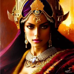 portrait beautiful face queen of Sheba ,busty,medieval metal armor balanciaga fashion clothe painting by gaston bussiere, greg rutkowski, yoji shinkawa, yoshitaka amano, tsutomu nihei, donato giancola, tim hildebrandt, oil on canvas, cinematic composition, extreme detail,fit full head inside picture