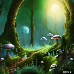 black cat, walking, psychedelic forest, crystals, mushrooms