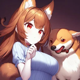 an arrogant, confident young woman with long brown hair, red eyes, pale skin, corgi ears and tail