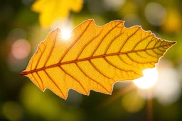 a beautiful single oak leaf with a fractal veins caught in the light of the sun in the background, sun glare effect, perfect macro nature photography