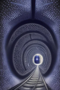 Then it comes to be that the soothing light at the end of your tunnel Was just a freight train coming your way; intricately detailed surreal optical art, award-winning