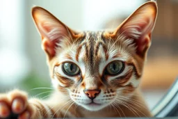 close up portrait of shiny yoga cat tardigrade semi transparent hypnotic kind eyes in front of mirror