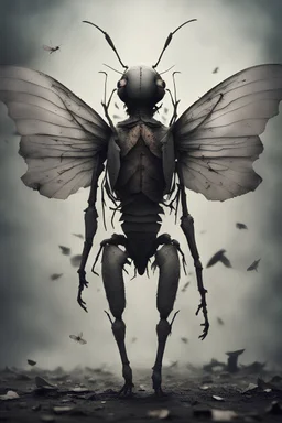 a haunting image of a humanoid insect facing away from us, in despair, with wings that are broken torn and crumbling