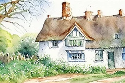 Detailed loose watercolour of an small English cottage