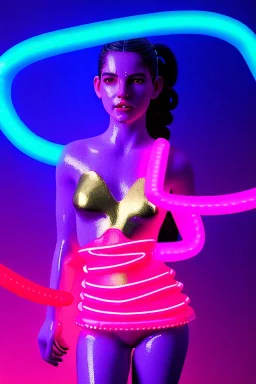 Rosalía artist, Realistic image, waist up portrait, perfect eyes, glow, eye liner. pigtails hair, spray line make up, glow. lips, gold. big rings piercing, led ornament, pearls. inflatable latex coat, cold, led lights, minimal, neon, pink, blue, gold, vibrant color, highly detailed, art stations, concept art, smooth, unreal engine 5, god lights, ray tracing, RTX, lumen lighting, ultra detail, volumetric lighting, 3d, finely drawn, high definition, 4k.