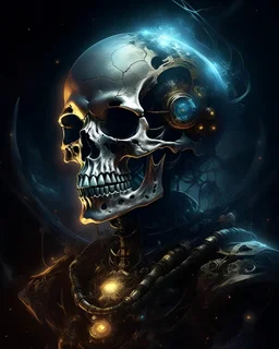 T-shirt format,black background,portrait of bio-mechanical cyborg skull on alien planet, space nebula, low angle, cosmic space background, Rembrandt texture, loose painting style, intricate detail, cinematic lighting, octane render, 8k render, volumetric lighting, cosmos, deep outer space, professional ominous concept art, by artgerm and greg rutkowski, an intricate, elegant, highly detailed digital painting, concept art, smooth, sharp focus, illustration