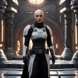 a bold and heroic bald male Corellian pilot in black and metallic grey First Order special forces gear meets a female Jedi Master in ancient, mystical temple, hyperdetailed, dynamic lighting, hyperdetailed background, 8k resolution, volumetric lighting, light skin, fully symmetric details