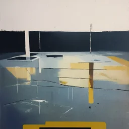 Minimal abstract oil paintings desolate 1960s carpark concrete fragments in a rain storm. style of Justin Mortimer and Francis Bacon. road markings.