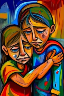 a girl hug her brother and both crying sadly, expressionism, Pixar style, in abstract art Basquiat, Picasso, Miro, Kandinsky, Klee, Birell, Fairey, Ardon, Buffet aand Picasso style, HD --s 750 --v 5.1 --style raw, water color