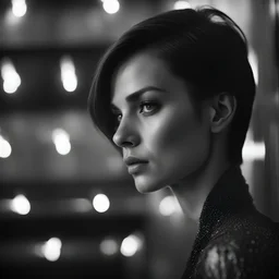 close-up portrait of a girl in a dark room, in profile, eyes raised up, looking to the side, short hair, behind her there is a light highlight on the wall, stylish black and white photography in the style of Peter Lindbergh