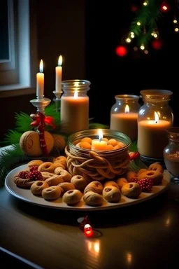 Christmas, there is an Advante wreath and four burning candles on the table. A jar of gingerbread! Decorations for Christmas trees.