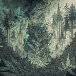 Sketch a composition where intricate smoke patterns transform into a forest of towering trees made entirely of crushed weed leaves, filling the canvas with a surreal and visually captivating asymmetrical landscape.