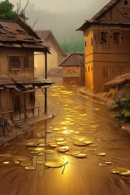 Oil painting is raining that turns anything that falls on it into gold In the In a village