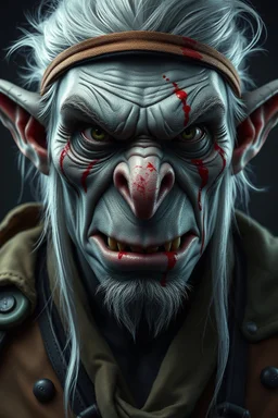 Create a chilling and unsettling close-up photograph of an elf-looking aggressive orc with gray skin and white hair, dressed in a pirate-style explorer's outfit. The orc's face should express excitement and a thirst for adventure. The image should be painted with a dark background. The most disturbing aspect is the bloodstains around the eyes, on the nose, and around the mouth. The background should be dark and gloomy, adding horror and unease to the scene, styled as a vivid, dark fantasy