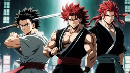 yujiro hanma vs yoriichi tsugukuni, baki vs kimetsu no yaiba, two mans standing in front of each other, a big strong man in black shirt with red hair and evil grin facing a smaller swordsman with long hair and calm face in traditional japanese clothes