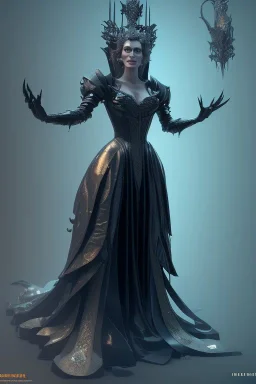 Julia Roberts as evil queen in black leather gown, evil, busty, cleavage, curvy, angry, stern look. character design by cory loftis, fenghua zhong, ryohei hase, ismail inceoglu and ruan jia. unreal engine 5, artistic lighting, highly detailed, photorealistic, fantasy