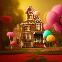 closeup render of rambling, Victorian house made of gingerbread and vibrant candy, cotton candy trees and gumdrop walkway, 8k resolution, centered, high-quality, ultrafine-detail, digital art, detailed matte, volumetric lighting, illustration, 3D octane render, brian froud, howard lyon, greg rutowski, George Grie