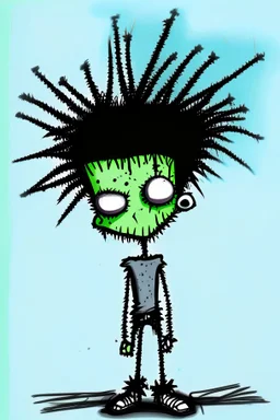 2d drawing of a stickman, cool with punk hair, x eyes like in hangman, dead on stomach ,3d realistic in colour