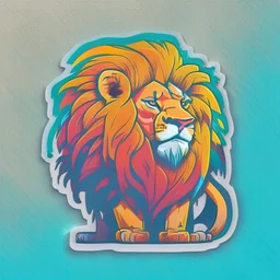 A sticker design in a minimalistic style featuring a caricature lion in vivid colors. The subject is presented alone on a neutral background.