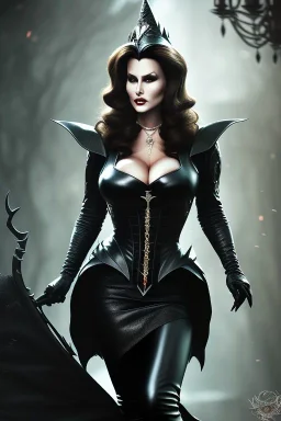 lisa ann as evil queen in black leather, leather, angry, stern look, volumetric lighting, particales,highly detailed,cinematic, deep colours,8